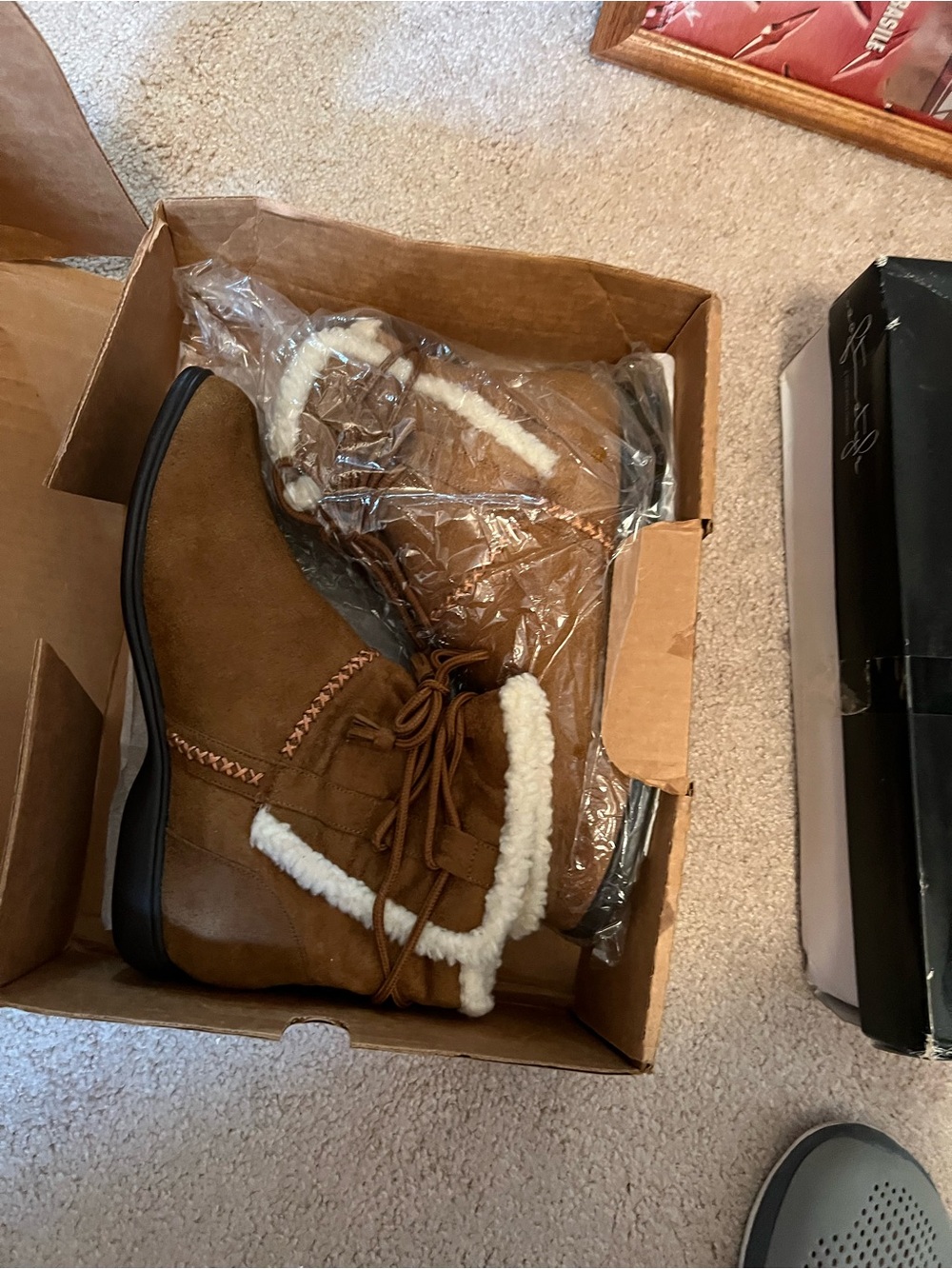Woman Within Tan Faux-Shearling Lace-Up Ankle Booties